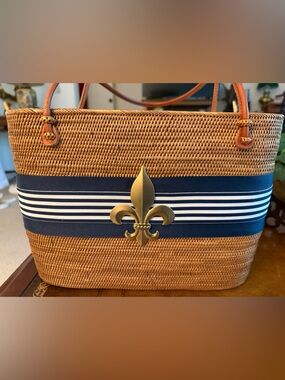 Bosom Buddy Woven Straw bag with Navy Stripe and Gold Fleur De Lis Accent